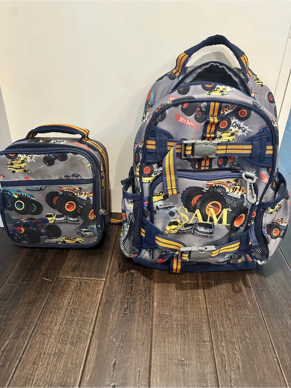 Pottery Barn Kids Hot Wheels Monster Truck Backpack and Lunchbox Set - Gray/Blue